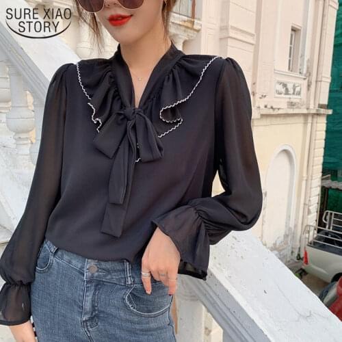2021 Korean Autumn New Bow V-neck Puff Long Sleeve Chiffon Blouse Solid Womans Blouses Loose Shirts Female Ropa De Mujer 10604