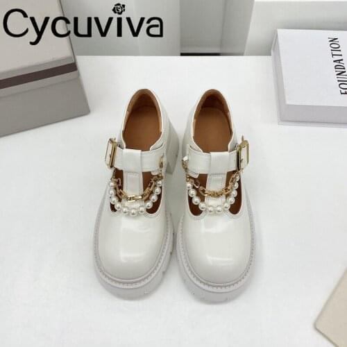 Pearl Decorate Buckle Strap Women Sandals Chunky Heel Ladies Pumps Casual Sweet Mary Janes High Heel Shoes For Women Spring 2021