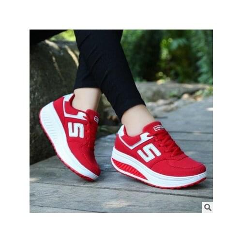 Fashion Spring Leather Platform Shoes Women Slip On Wedge Sneakers Breathable Rocking Shoes Ladies Toning Shoes Casual Sneakers