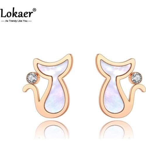 Lokaer Trendy Titanium Stainless Steel White Shell CZ Crystal Cat Earrings For Women Trendy Office/Career Animal Jewelry E20267