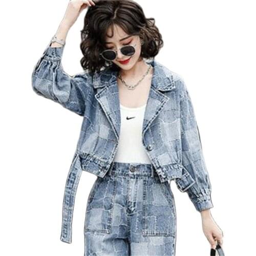 Female Fried Street Tooling Denim Suit 2021 Women Spring Autumn New Hong Kong Short Jacket Trousers Casual Two-Piece Suit A177CH