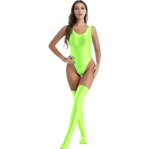 Women Sexy Bodysuit Glossy Stretchy Swimming Suit Swimwear Swimsuit Round Neck Sleeveless High Cut Bodysuit with Stocking Set