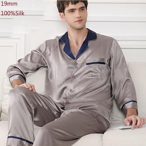 19MM Pajamas Men Suit Sleepwear Gray Solid Color L XL 2XL Nightwear Home Clothing Casual Lovers Pijama Male 100% Silk Pajamas