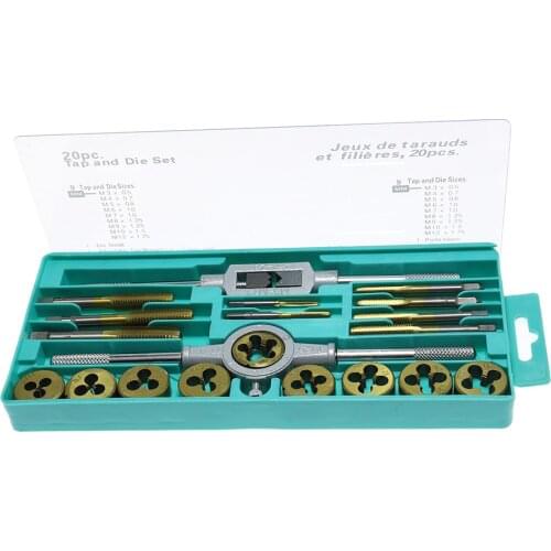 20pcs Hand Tapping Tap Die Set Taps Wrench Dies Screw Threading Metric Titanium plating Metal Tools