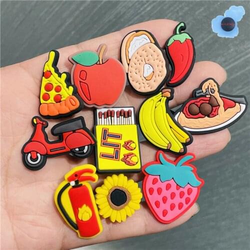 50Pcs Food Pizza Banana Chili Motorcycle PVC Shoe Charms Shoes accessories Diy Backpack Wristbands Croc Jibz Kids Party Gift