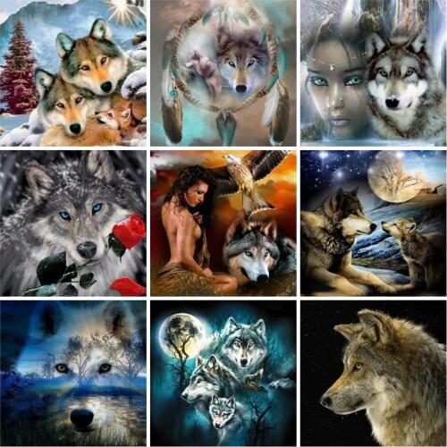 Huacan Diamond Painting Woman Wolf Home Decor Embroidery Mosaic Animal Portrait Cross Stitch Diamond Art Wall Decor