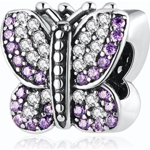 Authentic S925 Bead DIY Jewelry Sparkling Butterfly Charms fit Pandora Bracelet Bangle Girl Gift Purple CZ