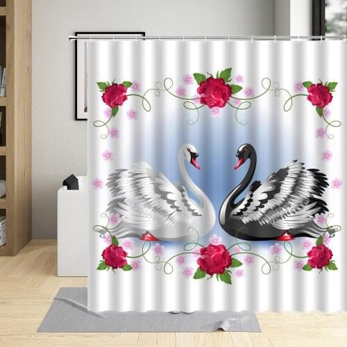 White Swan Shower Curtains Love Heart Couple Goose Animal Bathroom Decor Waterproof Curtain With Hooks Polyester Fabric Washable
