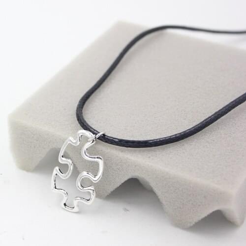 1PC New Arrival Black PU Leather Rope with Polised Puzzle Autism Pendant Necklace for Puzzle Autism Awareness