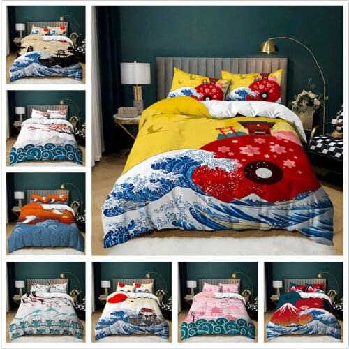 Japanese Style Duvet Cover Set with Pillowcases Cherry Blossoms Crane Printed Bedding Set 2/3pcs for Girls Women Bedroom Decor