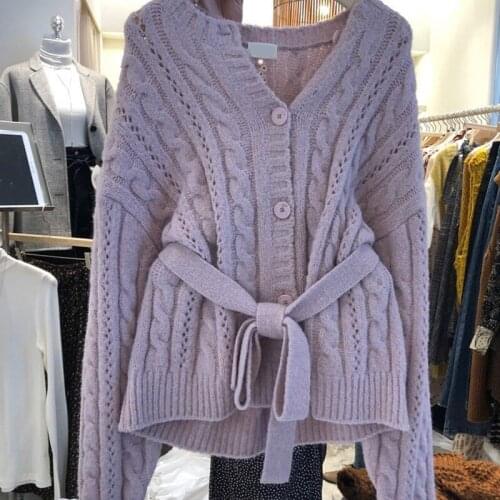 Korea Vintage Violet Knitted Cardigan Coat & Jackets Women Chic Lady Fashion Single Breasted Loose Cashmere Cardigans Femme