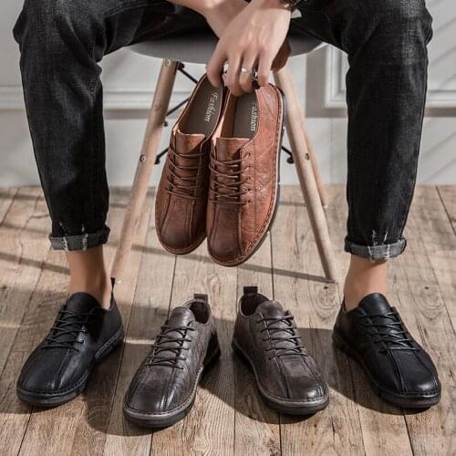Leather Lace-Up Shoes Men High Quality Casual Men Flats Shoes Comfortable Outdoor Walking Sneakers 2021 New