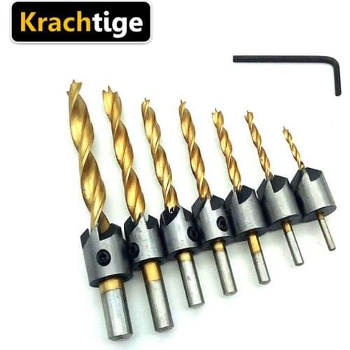 Krachtige 7pcs Titanium Hss 5 Flute Countersink Drill Bit Set Reamer Woodworking Chamfer 3 4 5 6 7 8 10mm + L-Type Wrench