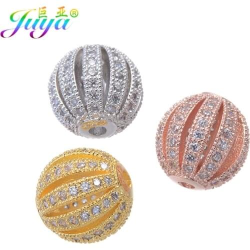 Juya DIY Metal Ball Beads Supplies Micro Pave Hollow Ball Charm Beads For Women Natural Stones Bracelets Earrings Jewelry Making