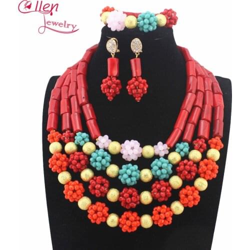 Fashion Red Coral Beads Multicolors Crystal Ball Necklaces Nigerian African Wedding Beads Jewelry Set Free Shipping W13417