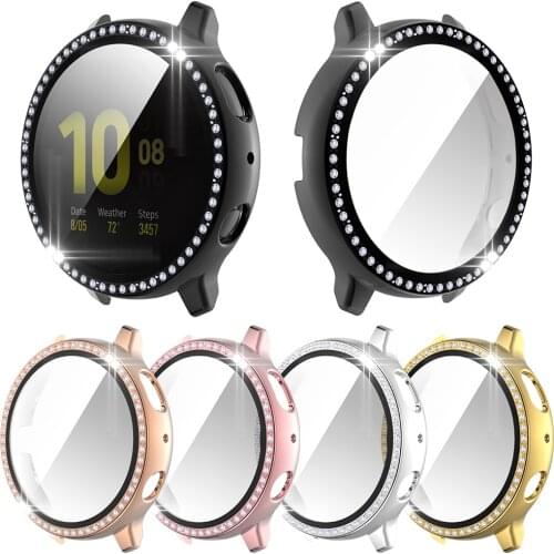 Fashion Women Rhinestone Hard PC Cover for Samsung Galaxy Watch Active 2 Case 40mm 44mm Screen Protector Glass Shell Slim Bumper