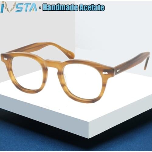 IVSTA Handmade Acetate Glasses Frame Men Round Myopia Eyeglasses Demi Spectacle Johnny Depp Glasses Luxury Brand Designer Retro