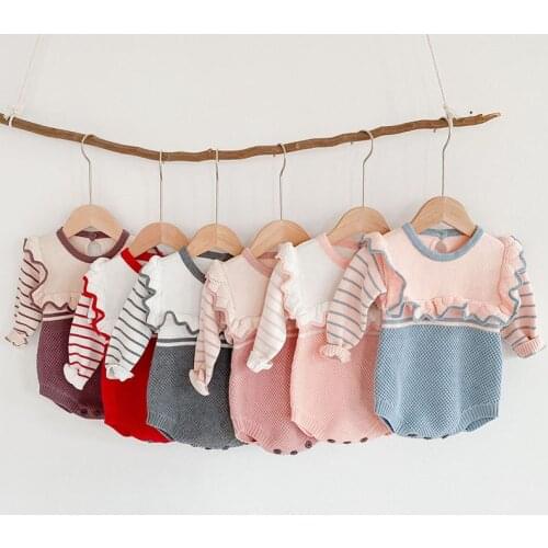 New 2020 Infant Baby Girls Lace Knit Stripe Rompers Clothing Spring Autumn Kids Girl Long Sleeve Rompers Clothes