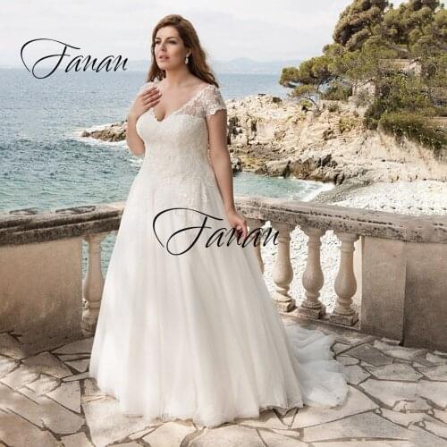 New V-Neck Short Sleeve Lace Appliques Wedding Dress Backless A-Line Tulle Plus Size Bridal Gown robe de soirée de mariage