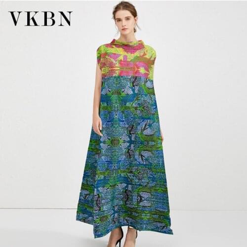 VKBN Fashion Dress Women Elegant Petal Sleeve Printing Turtleneck Plus Size Women Pleated Fabric Maxi Dresses for Women