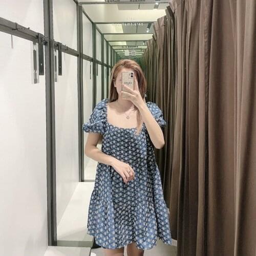 Flora Printing Mini Dress Women Embroidery Printed Square Collar Short Puff Sleeve Dresses Female Print Summer Vintage Vestido