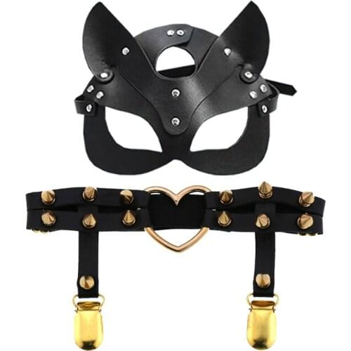 Sexy leather mask and yellow heart-shaped hollow rivet garter belt gothic leg ring clamp