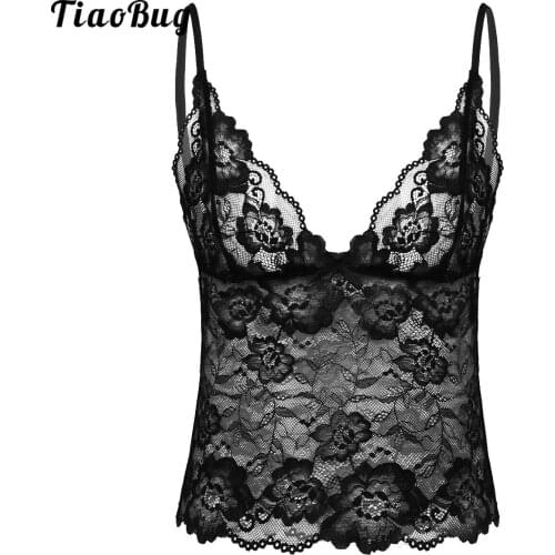 TiaoBug Sexy Mens Sissy See Through Sheer Lace Lingerie Adjustable Spaghetti Shoulder Straps Deep V Neck Camisole Vest Crop Top