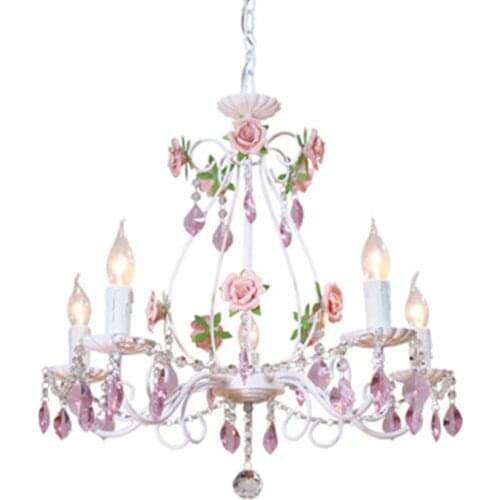 Modern white pink rose decor pendant light for dining room girl kids bedroom. Romantic crystal flower raindrop art hanging lamp