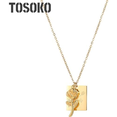 TOSOKO Stainless Steel Jewelry Rose Square English Pendant Valentines Day Necklace Female Clavicle Chain BSP957