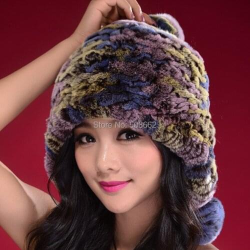 Knitted Real rabbit fur hat beanie fur cap rabbit fur Pompom decoration earmuff bomber hat winter hat 14606