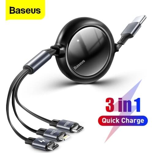 Baseus 100W 3 in 1 Retractable USB C Cable For iPhone 12 Charger Micro USB Type C Fast Charging Cord For Macbook Samsung Xiaomi