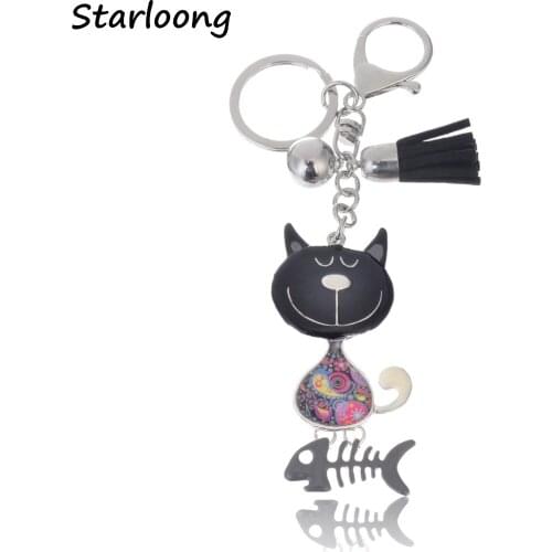 High Quality Drip Alloy Keychain Chaveiro Drop oil Glaze little black cat KeyChain women stainless Key Ring
