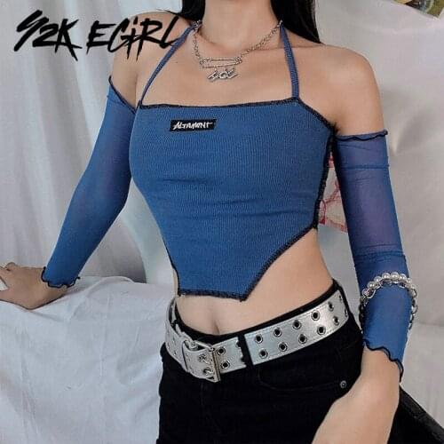Y2K EGIRL Fashion Appliques Ribbed Anomalistic Hem Halter Cropped Tops Vintage Open Shoulder Bandage Backless Tanks With Sleeve