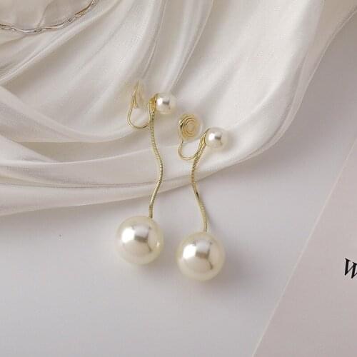 VSnow Unique Design Circle Oversize Pearl Long Clip Earrings for Women Girls Exquisite Tassel Party Earrings Jewelry Pendientes