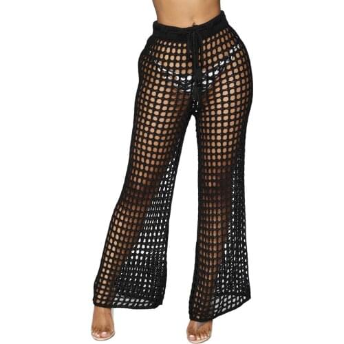 Women Cover Up Pants Crochet Net Hollow Adjustable Elastic Tape Beach Pants Swimsuit High Waist Pool Party Wide Leg Mesh Pants