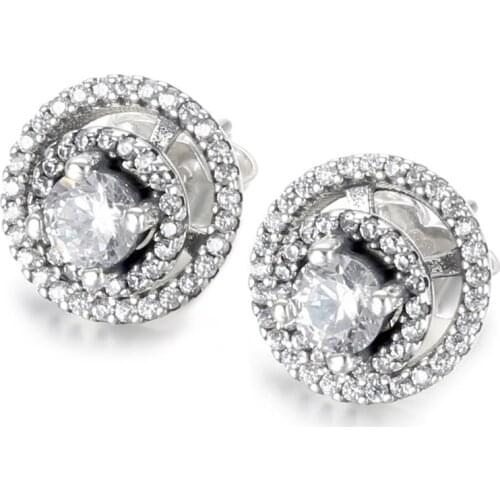 Original Sparkling Double Halo With Crystal Stud Earrings For 925 Sterling Silver Earring Women Party Gift Europe DIY Jewelry