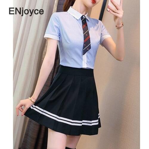 Summer Women Vintage Striped Short Sleeve Shirt and Pleated Skirt Two Pieces Set Office Ladies Professional Suit College Style