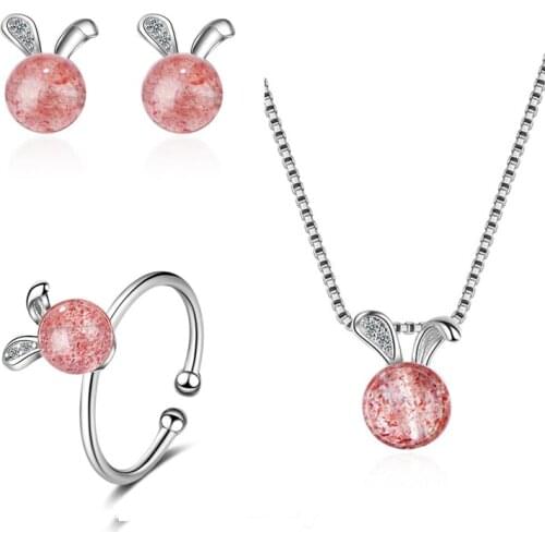 Cute Strawberry Crystal Pink Rabbit Rings Earrings For Women Jewelry Sets Pure Silver 925 Necklaces Girls Pendant Earring Bijou