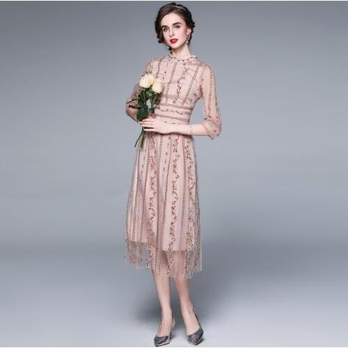 Vintage Floral Embroidery Summer Dress Women High Waist Long Midi Dress Luxury Elegant Party Dress Mesh Spring A-Line Pink C636