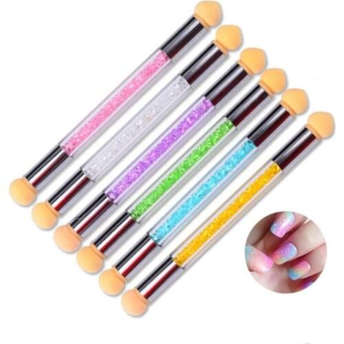 1PC Nail Brushes With Diamond Mini Dual Head Sponge Manicure Printing Blooming Nails Pen Brush Glitter Powder Handle Nail Brush