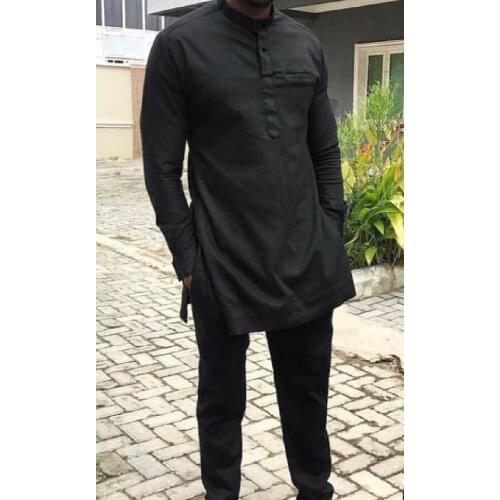 African Fashion Solid Black Mens Pant Sets Stand Collar Tops Patch Trousers Senator Style Custom Mens Outfits Dashiki Wear