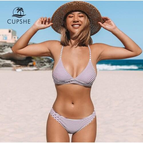 CUPSHE Red Stripe Triangle Low Waist Bikini Sets Sexy Strappy Back Tank Swimsuit Two Pieces Swimwear Women 2021 Bathing Suits