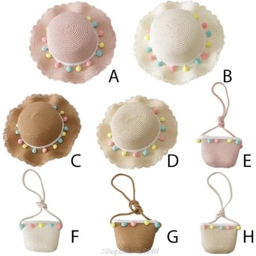 Kids Girls Large Wide Brim Straw Woven Sun Protection Beach Hat Colorful Pompom Ball Summer Floppy Bucket Cap Portable Jy18