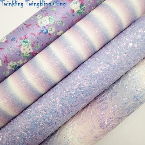 Purple Chunky Glitter leather, Stripes Glitter Leather, Flowers Printed Faux Leather For Bow A4 21x29CM Twinkling Ming KM129