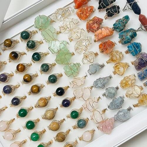 Boho Natural Stone Women Rings Adjustable Wedding Party Jewelry Handmade Round Irregular Amethyst Apatite Crystal Open Ring New