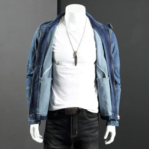 Autumn Mens Denim Jacket Stand Collar Long Sleeve Slim Fit Zip Vintage Biker Jackets Street Fashion Patchwork Casual Short Coat