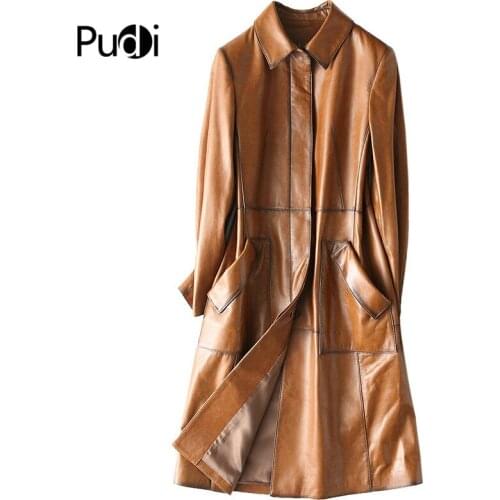 PUDI 2020 New women genuine sheep leather coat lady long dress style sheepskin Jacket fall/winter trench coats A28217