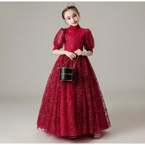 Flower Girl Dresses Illusion Princess High Three Quarter Lace Beading Sequined Pearls Ball Gown Floor-Length Party Skirt H026