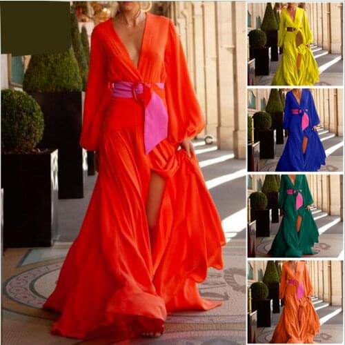 Summer New Ladies Dress Fashion Waist V-neck Long Sleeve Sexy Long Luxury Skirt Womens Clothing Does Not Contain Belt WE342