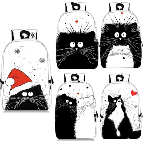 Black and White Cat Women Backpack Linen Softback Bags Girl Casual Traveling Portable Bags Student Cute Cat Printing School Bag
